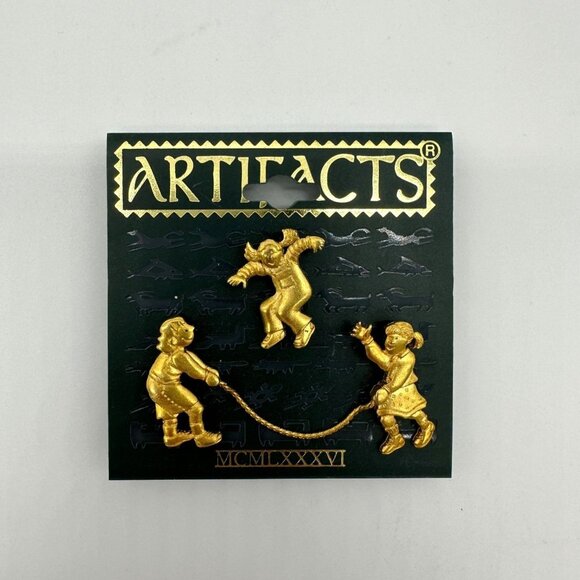 Artifacts Jewelry - Vintage Artifacts Kids Jumping Rope Gold Tone Pin Set 1986 Playful Brooch Trio